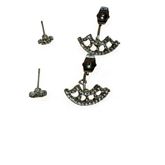 Vintage Silver Cubic Zirconia Fan Shape Drop Earrings Elegant Party Wedding - Picture 5 of 10